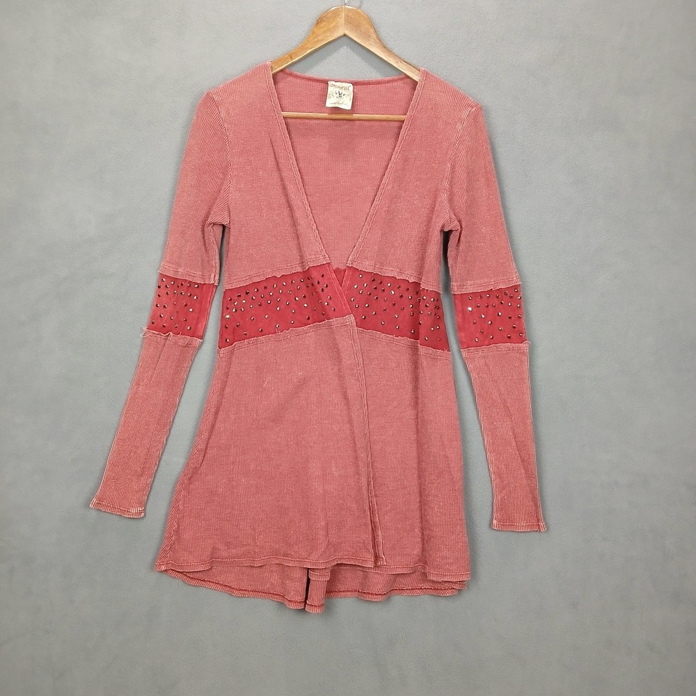 Vocal‎ Cardigan Sweater Womens Small Rust Pink Cotton Open Front Rhinestones